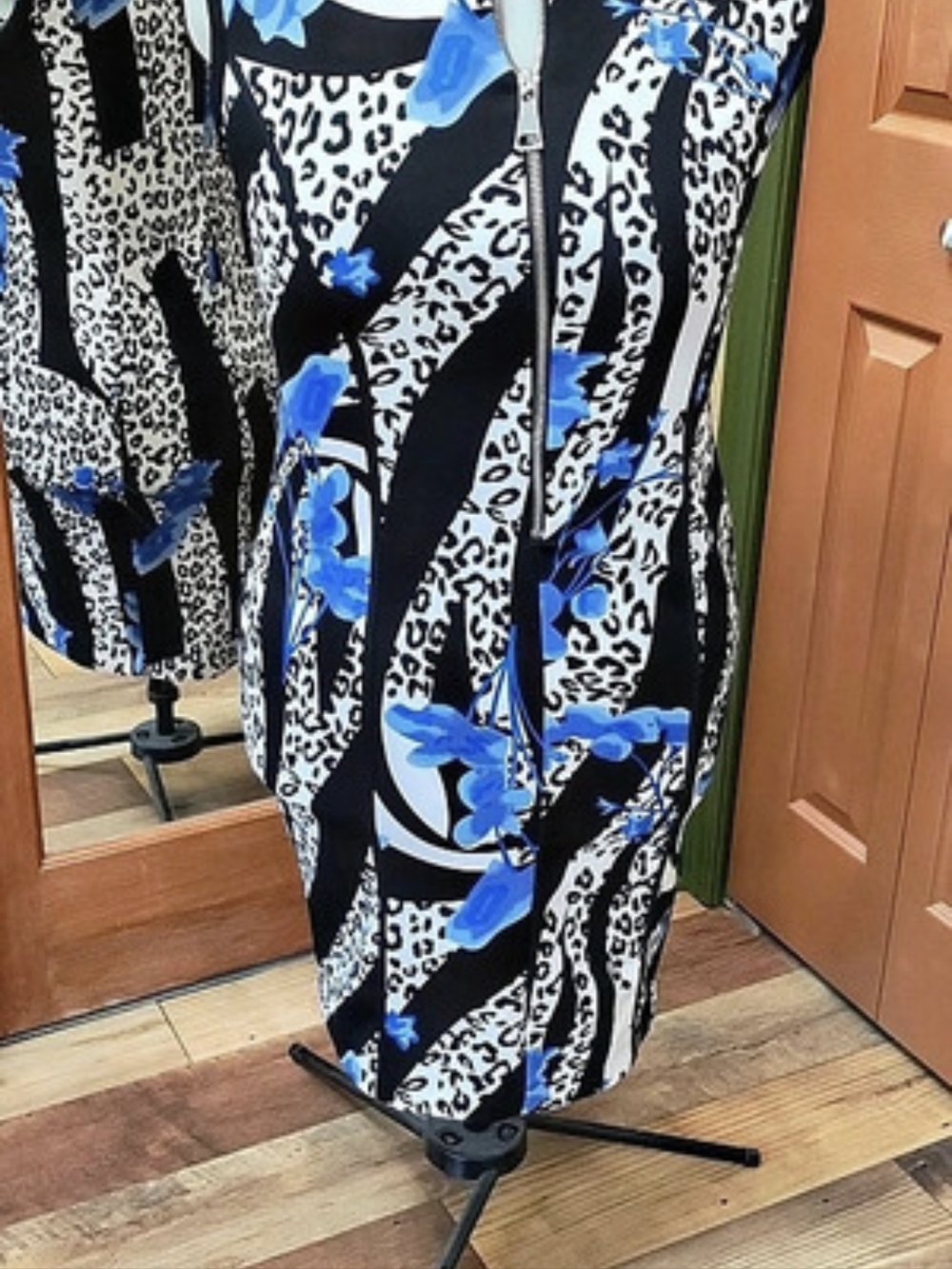 Animal Print Midi Dress in Black & Blue Like New